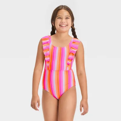 Girls Rainbow Striped One Piece Swimsuit
