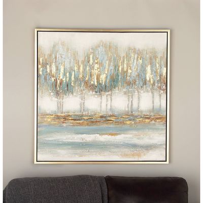 Canvas Tree Framed Wall Art with Gold Frame Blue - Olivia & May: Lakeside Nature Painting, Indoor Decor