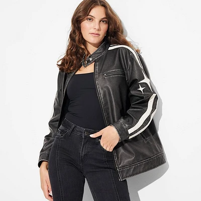 Womens Faux Leather Oversized Racing Jacket