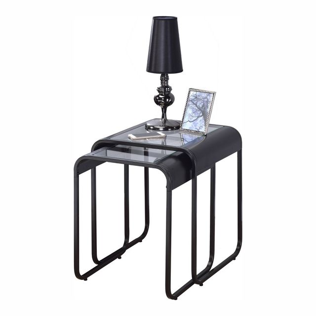 24/7 Shop At Home 2pc Abramma Metal Nesting Table Set Black: Tempered Glass, Modern Style, Rectangular Shape