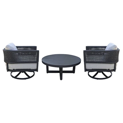 International Concepts 3pc Woven Abaca Rope Outdoor Patio Conversation Furniture Sets with Coffee Table & 2 Swivel Chairs: Aluminum Frame