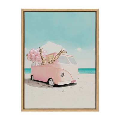 Kate & Laurel All Things Decor 18x24 Sylvie Pink Van Giraffe Beach Art: Whimsical Wall Decor, Modern Style