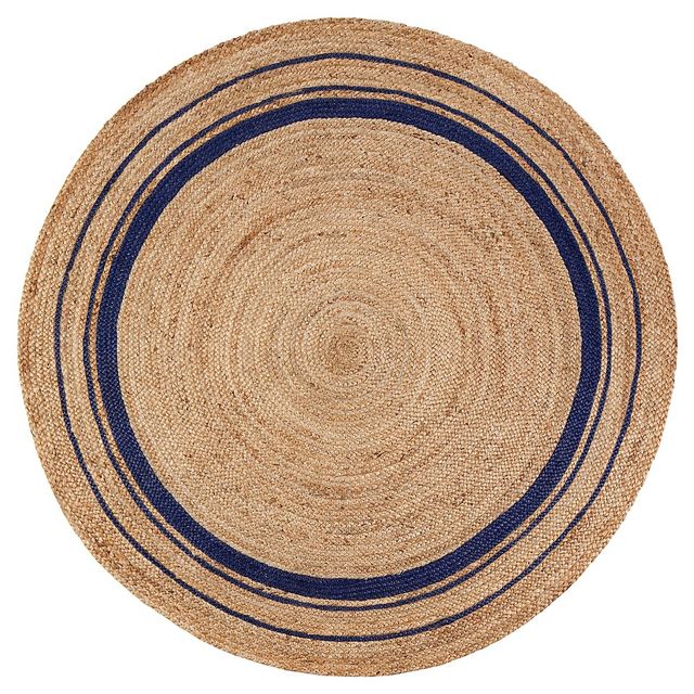 Beige/Midnight Kerala Area Rug Round (4x4) - Anji Mountain: Handmade Jute Braided Circular Carpet, Fair Trade Certified