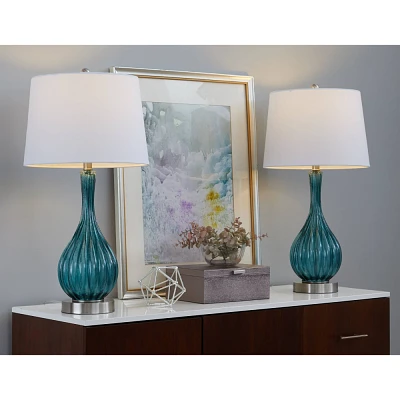 LumiSource Jenny 27 Table Lamps: Brushed Nickel Accents, Linen Drum Shade, UL Listed