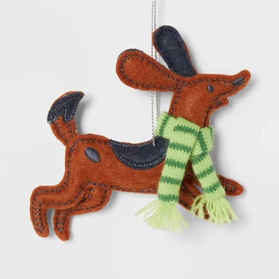 Fabric Hound Dog with Green Scarf Christmas Tree Ornament Brown - Wondershop