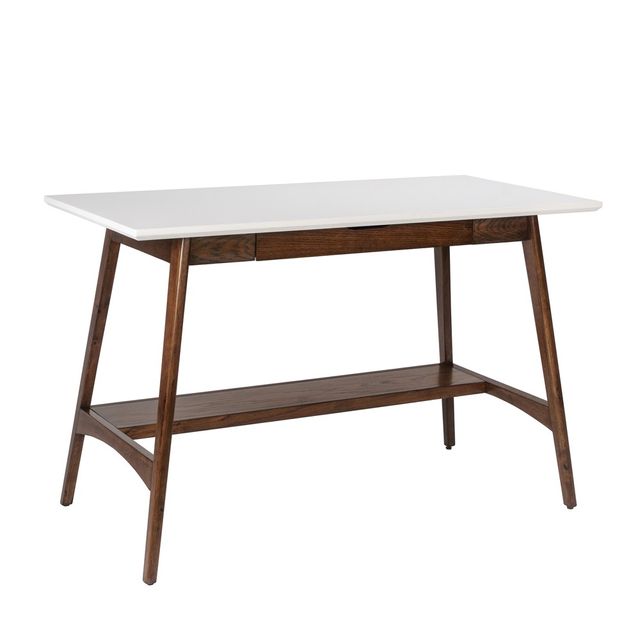 Avenu Desk Off White/Pecan - Madison Park: Mid-Century Modern, Oak Veneer Shelf, Engineered Wood