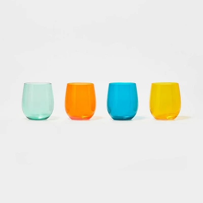 14oz 4pk Stemless Wine Glasses Orange/Blue/Yellow - Sun Squad