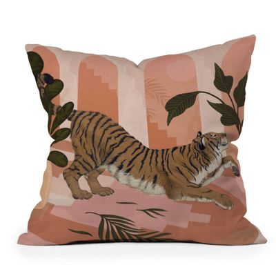 26x26 Oversized Laura Graves Easy Tiger Square Throw Pillow Pink - Deny Designs: Decorative Polyester Cushion for Indoor Use, Zippered