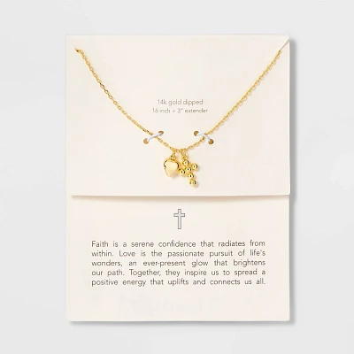 14K Gold Dipped Puff Heart and Cross Pendant Necklace - Gold