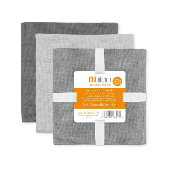 3pk Flour Sack Kitchen Towel Twilight Gray - MU Kitchen: Oversized Cotton Dish Towels, Absorbent & Soft