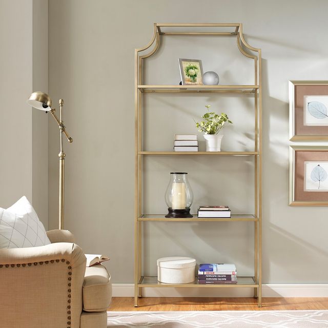 Crosley 80.5 Aimee Etagere Gold: Modern Style, 4-Tier, Tempered Glass Shelves, Steel Frame