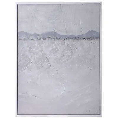 Silky Horizon Hand Painted Framed Canvas White - StyleCraft: Contemporary Abstract Art, Grey Frame, 48x36