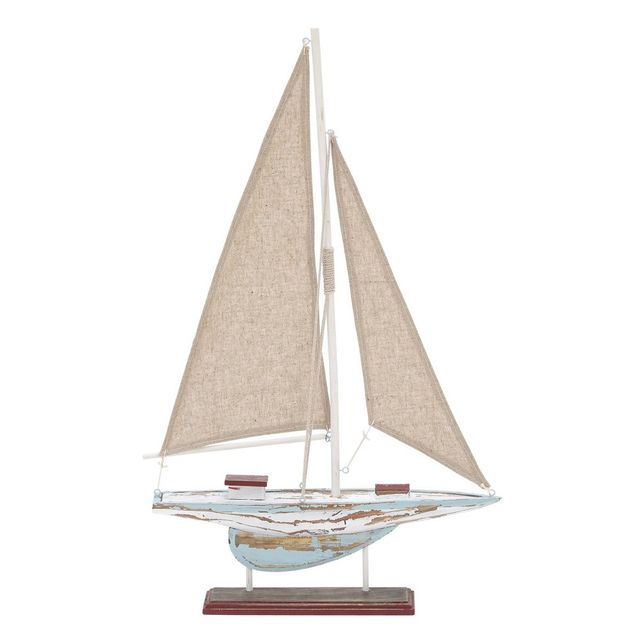 Olivia & May 22 x 14 Decorative Coastal Pine Wood and Linen Sailing Boat Sculpture: Ornamental Marine Decor, Tabletop Accent