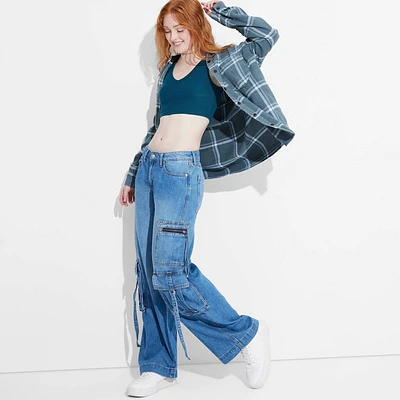 Women Mid-Rie Wide Leg Cargo Baggy Pant