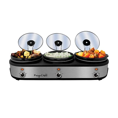 MegaChef Triple 2.5 Quart Slow Cooker and Buffet Server Stainless Steel