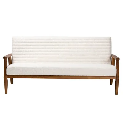 Stratton Boucle Fabric and Wood Sofa White/Walnut Brown - Baxton Studio: Polyester Upholstery, Rubberwood Frame, Seats 3