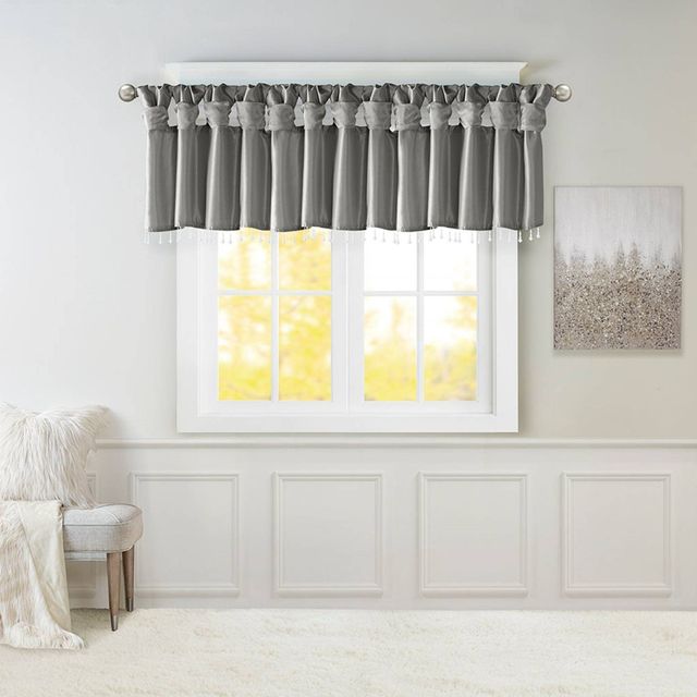 26x50 Lillian Faux Silk Twisted Tab Valance with Beads : Madison Park Window Valance, Solid Pattern