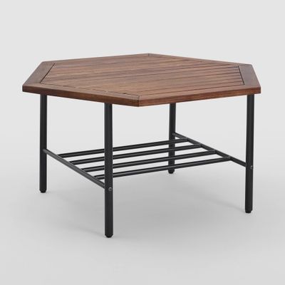 Saybrook Modern Metal and Wood Patio Hexagon Coffee Table - Dark Brown - Saracina Home