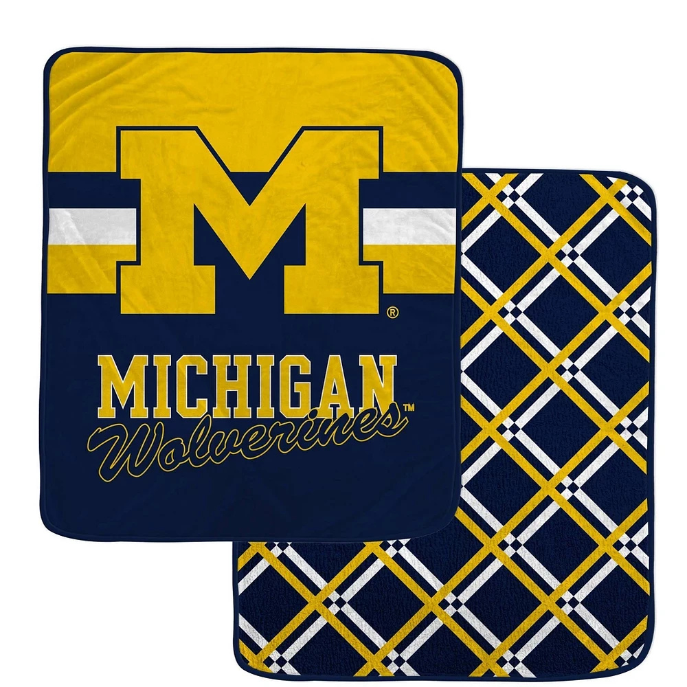 NCAA Michigan Wolverines Center Logo Half Stripe Diamond Faux Shearling Blanket