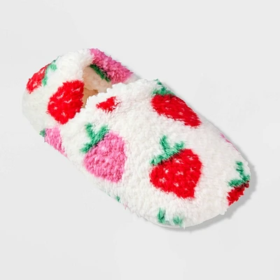 Women Strawberry Print Cozy Fleece High Cut Pull-On Slipper Sock with Gripper