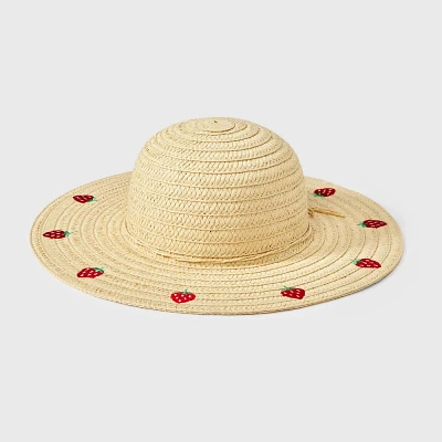 Girl Paper Straw with Embroidered Strawberrie Floppy Sun Hat - Cat & Jack Tan