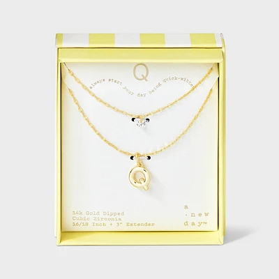 14K Gold Dipped Initial Q Cubic Zirconia Layered Chain Necklace - A New Day Gold