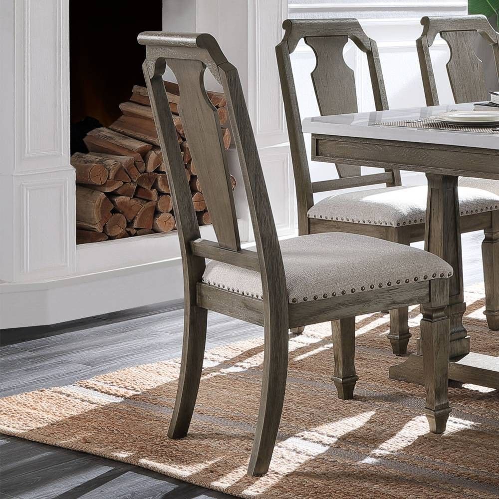 Set of 2 20 Zumala Dining Chairs Beige Linen/Weathered Oak Finish - Acme Furniture: Carved Frame, Nailhead Accents