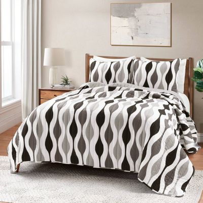 Lush Dcor 3pc King Mid Century Geo Quilt Set Black/Gray: Microfiber, Reversible, 225 Thread Count