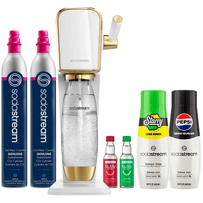 SodaStream Art Gold Soda Maker with Additional Cylinder and Flavors Bundle White