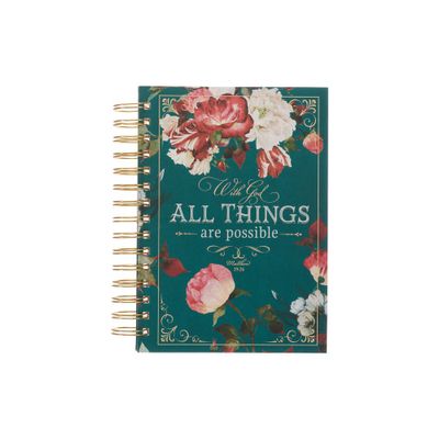 Christian Art Gifts Journal W/Scripture for Women with God All Things Mathew 19:26 Bible Verse Teal/Roses 192 Ruled Pages, Large Hardcover Notebook,