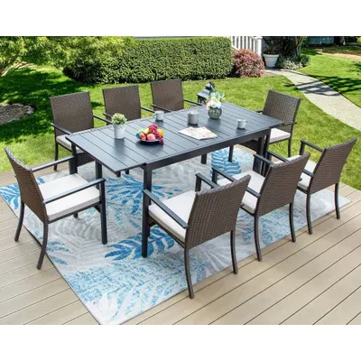 9pc Outdoor Dining Set with Extendable Table & Rattan Wicker Chairs - Beige - Captiva Designs: Powder-Coated Steel Frame, Weather-Resistant