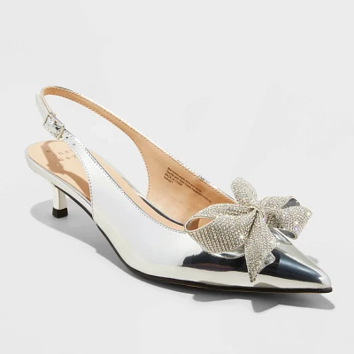 Women Pricilla Wide Width Rhinetone Bow Slingback Kitten Heel