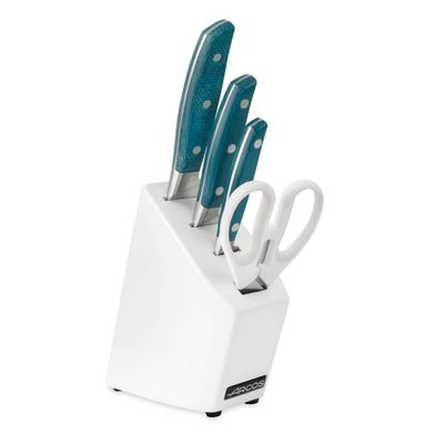 Arcos Brooklyn 4pc Block Set Blue: Stainless Steel Knife Block Set with Santoku, Chef & Paring Knives, Shears, Resin Handle