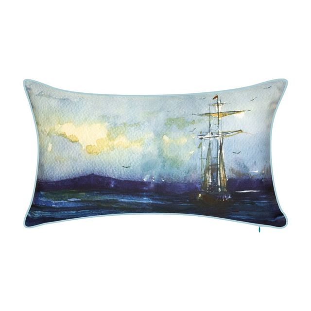 Embroidered Tall Ship Rectangular Indoor/Outdoor Throw Pillow - Edie@Home: Nautical Decor, Oxford Fabric, Zippered