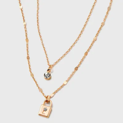 Gold Clear Stone Lock 2 Row Necklace - A New Day Gold