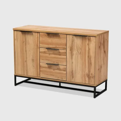 Baxton Studio Reid Wood & Metal 3 Drawer Sideboard Buffet Oak/Black : Farmhouse Style, Fixed Shelves, Storage Cabinet