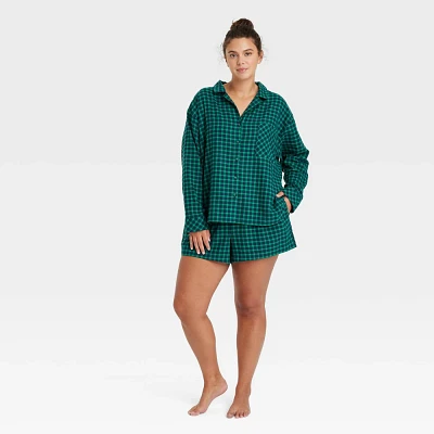 Women Check Flannel Long Sleeve Top and Short Pajama Set