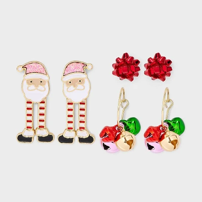 Santa Bow and Bell Earring Set 3pc - Gold/Red