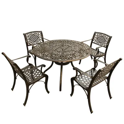 5pc Outdoor Dining Set with Ornate Traditional Mesh Lattice Aluminum 48 Round Dining Table & 4 Chairs - Bronze - Oakland Living