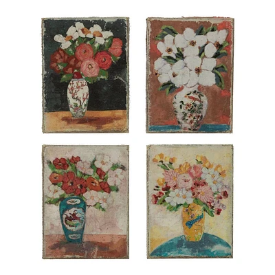 Storied Home (Set of 4) Canvas Portrait with Flowers in Vase Wall Art Set: Botanical Paintings, Wood Framed, Textured Finish