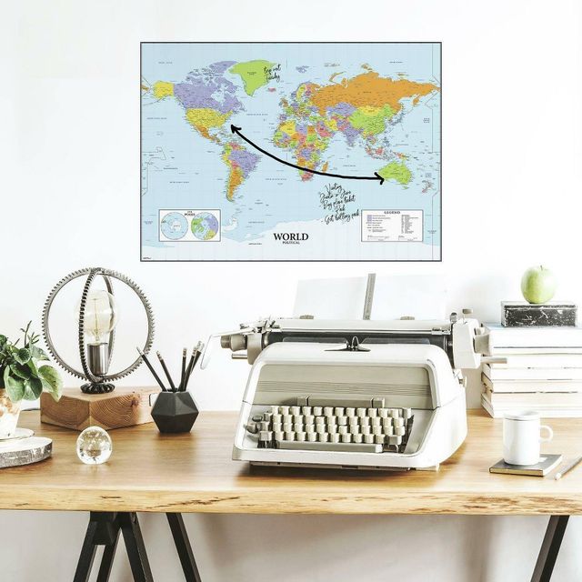 Dry Erase Map Of The World Peel and Stick Giant Wall Decal - RoomMates: Vinyl Self-Adhesive Modern Decor