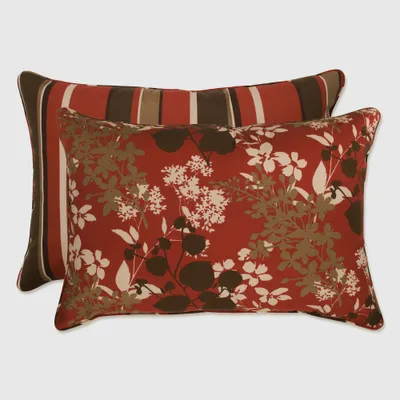 2-Piece Outdoor Reversible Toss Pillow Set - Brown/Red Floral/Stripe 24 - Pillow Perfect