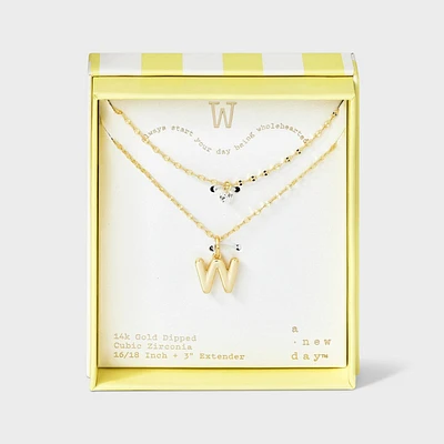 14K Gold Dipped Initial W Cubic Zirconia Layered Chain Necklace - A New Day Gold