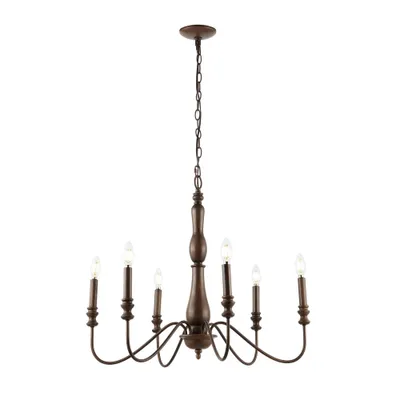 29 6-Light Victoria Rustic Midcentury Iron LED Chandelier Brown - JONATHAN Y: Adjustable, UL Listed, Eco-Friendly