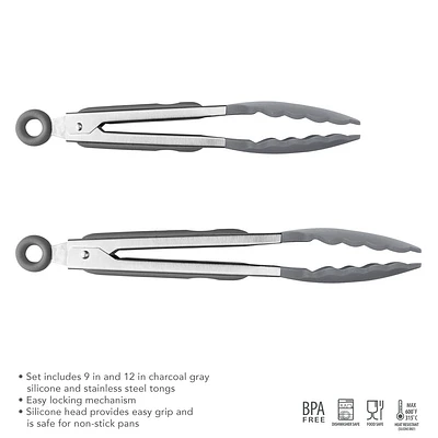 Tovolo 9 and 12 Elements Silicone Tongs Charcoal