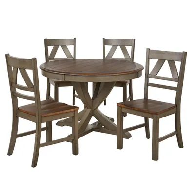 5pc Vintner Dining Set Gray - Buylateral: Weathered Finish, 4 Oak Chairs, Pedestal Table