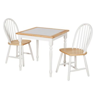 3pc Chester Tile Top Dining Set White/Natural - Buylateral: Rubberwood, Square Table, 2 Chairs