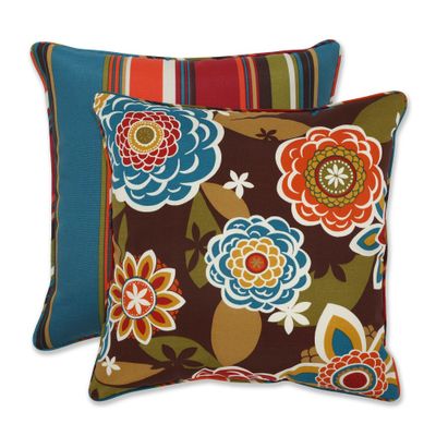 Outdoor 2-Piece Reversible Square Toss Pillow Set - Brown/Turquoise Floral/Stripe - Pillow Perfect