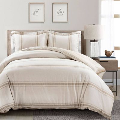 3pc Full/Queen Farmhouse Stripe Reversible Duvet Set Tan - Lush Dcor: Cotton Bedding Set with Shams, Machine Washable