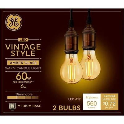 GE 2pk 60W Vintage Style A19 LED Light Bulbs Amber Glass: Edison Bulb, Warm Dimmable Light, Standard E26 Base